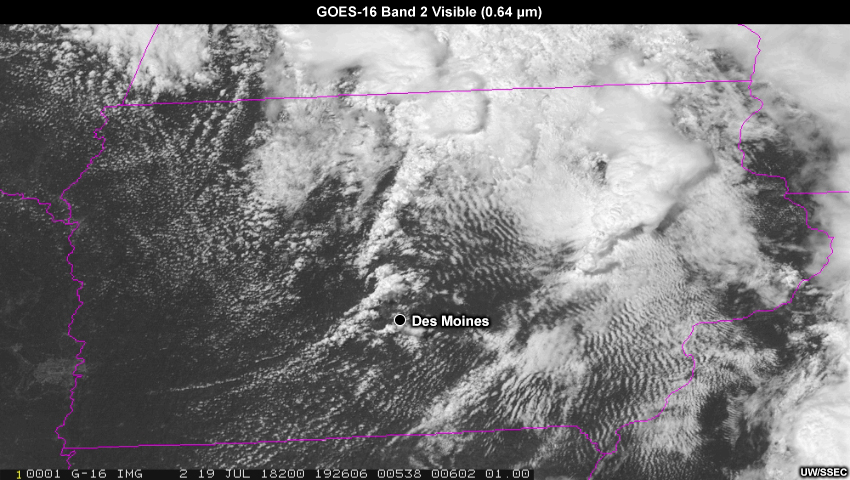 GOES-16 1-minute visible satellite imagery from 1926 UTC to 1947 UTC on 19 July 2018.