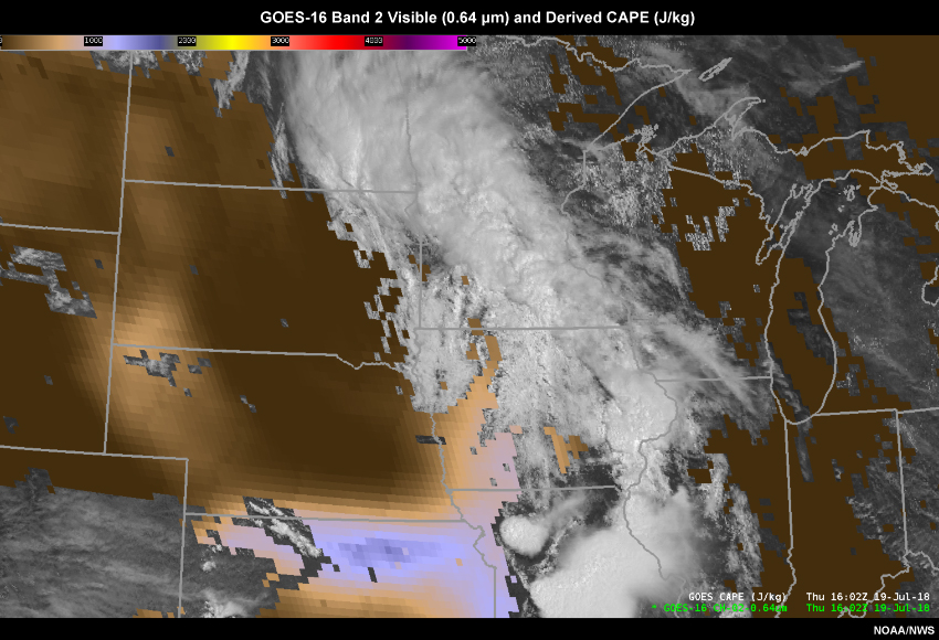 GOES-16 5-minute visible satellite imagery and derived CAPE values from 1602 UTC to 1712 UTC on 19 July 2018.