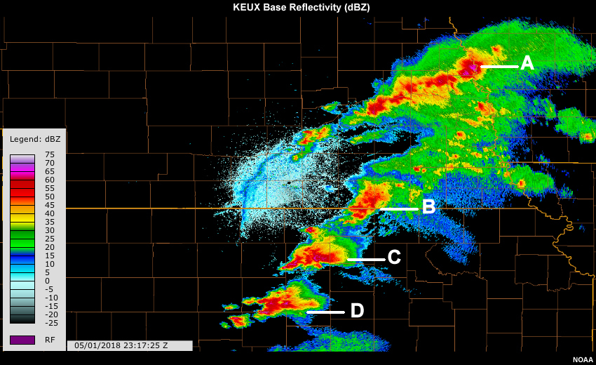 KUEX radar reflectivity with several cells labeled A-D