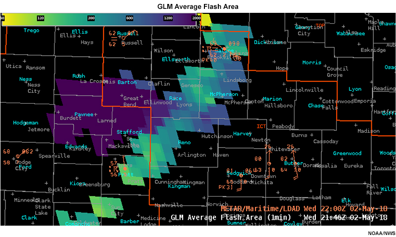 GLM Average Flash Area overlaid on GOES-16 Channel 2 visible imagery for storms in the midwest