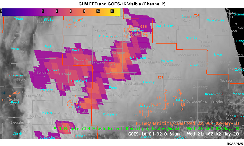 GLM FED overlaid on GOES-16 Channel 2 visible imagery for storms in the midwest