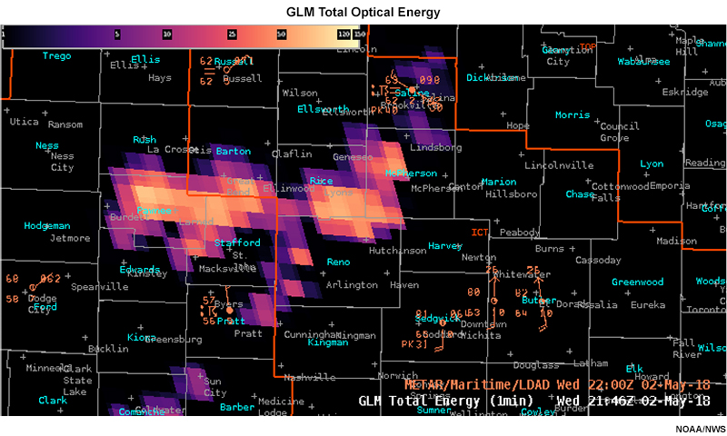GLM Total Optical Energy for a storm system in the Midwest region of USA