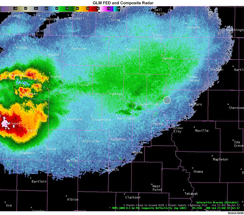 GLM flash extent density and flashes, NLDN lightning strikes and local composite radar of a large thunderstorm anvil