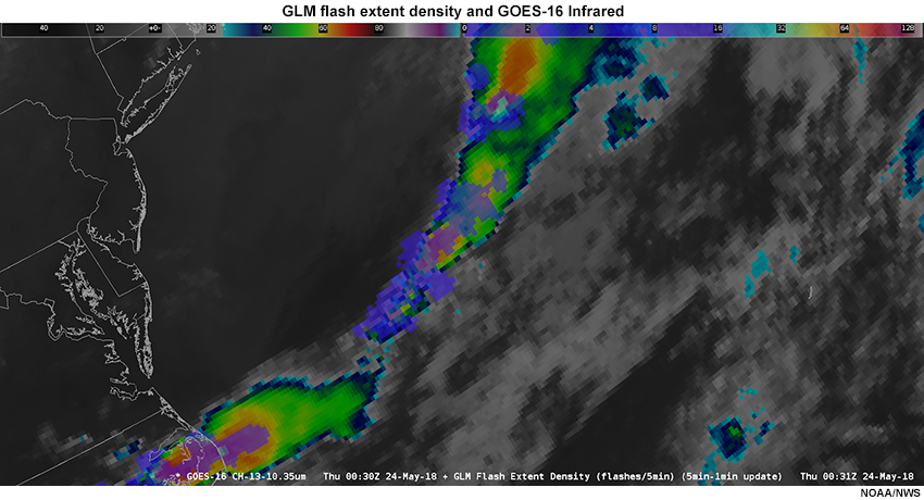 GLM flash extent density and GOES-16 Infrared imagery showing line of convection over the western Atlantic.