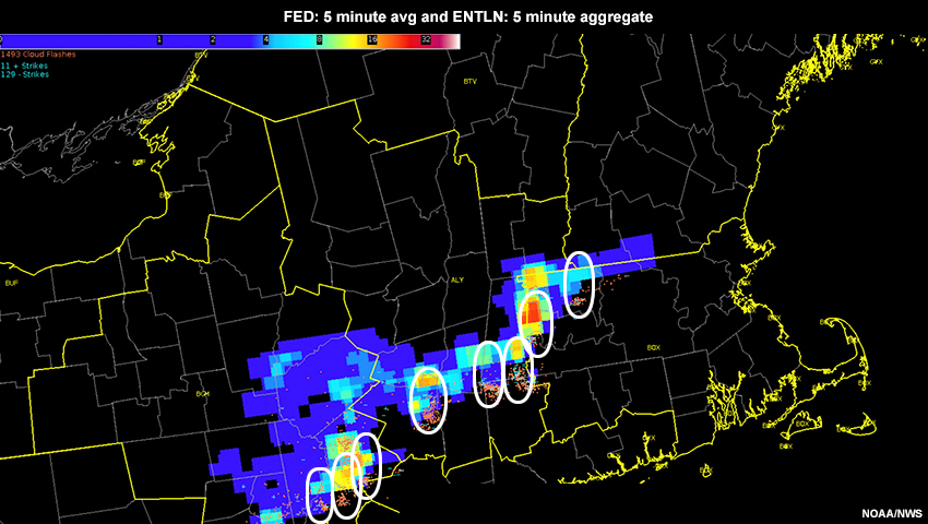 ENTLN lightning data and GLM flash extent density data for a convective line over the mid-atlantic, with highlighted outlines around parallax errors