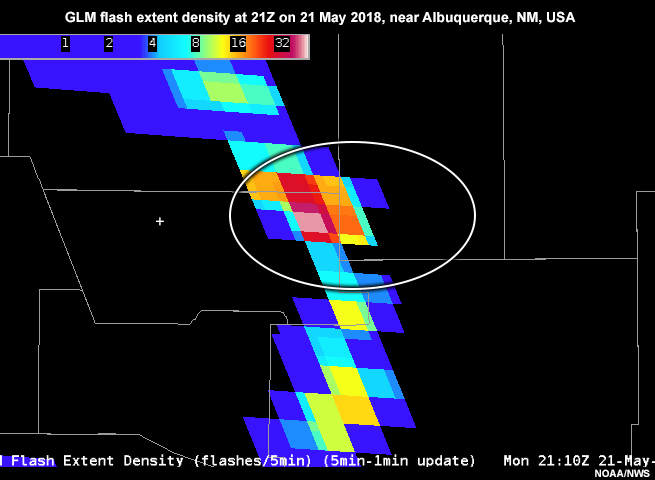 GLM flash extent density at 21Z on 21 May 2018, near Albuquerque, NM, USA.
