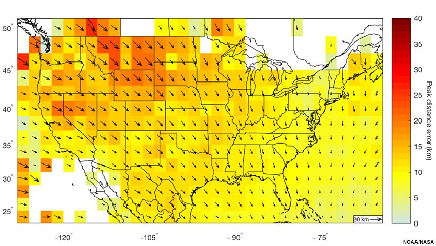 Color-shaded parallax error amount and directional vector over US