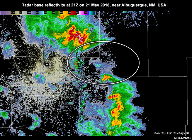 Radar base reflectivity at 21Z on 21 May 2018, near Albuquerque, NM, USA.