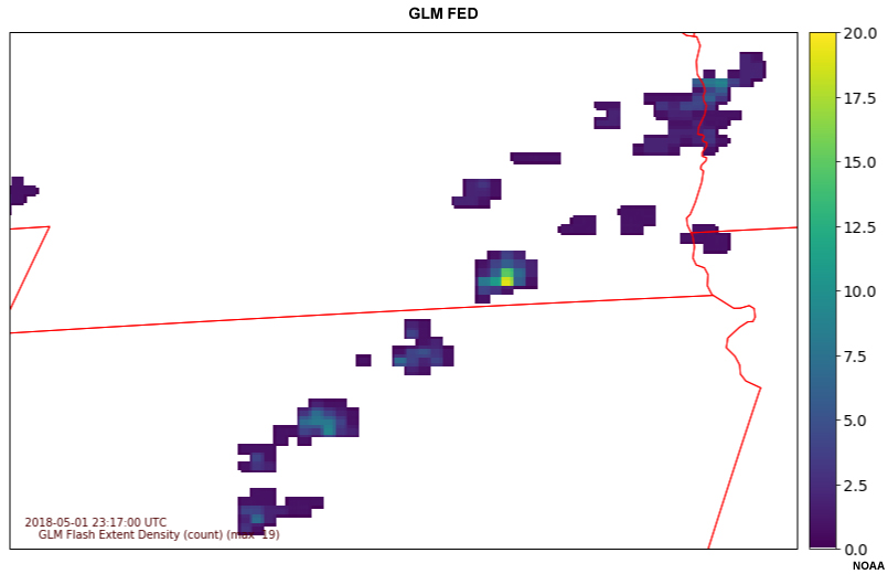 GLM Flash Extent Density (FED) over Nebraska and Kansas
