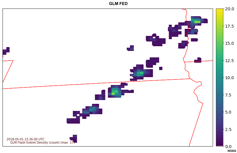 GLM Flash Extent Density (FED) over Nebraska and Kansas