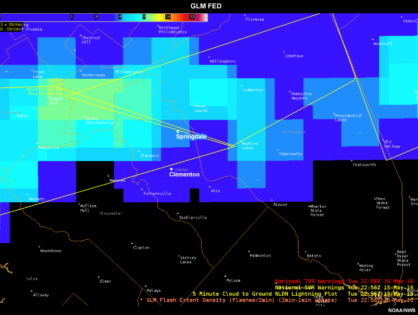 GLM flash extent density showing line of convection with strong central cell coincident with high lightning activity