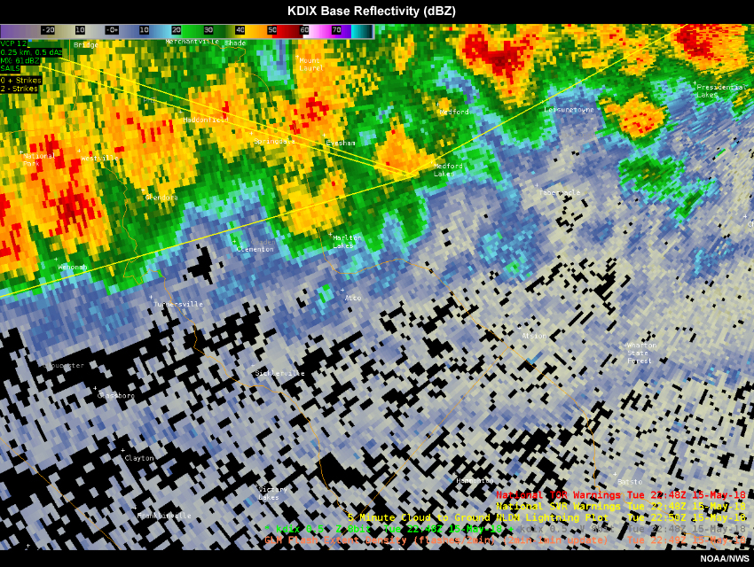 Radar reflectivity showing line of convection with strong central cell developing