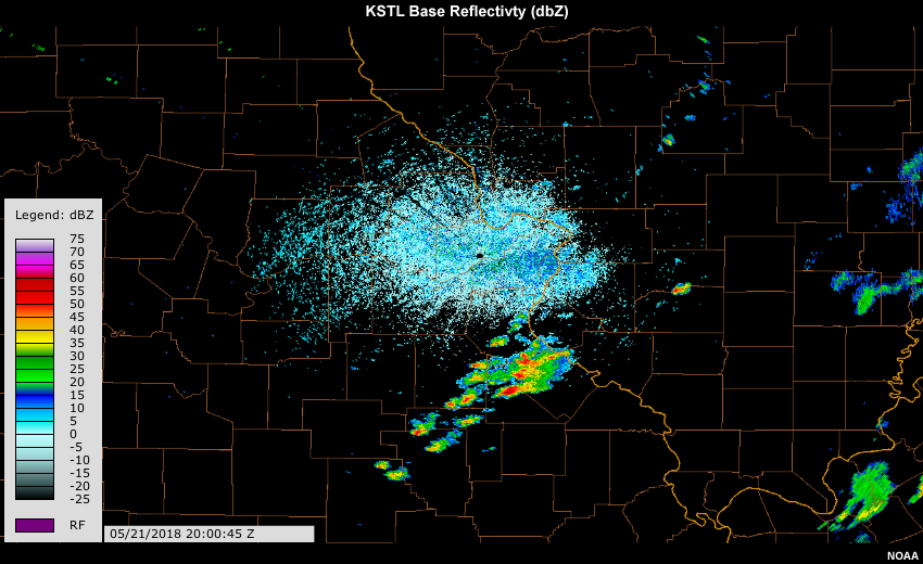 Base reflectivity imagery over St. Louis area