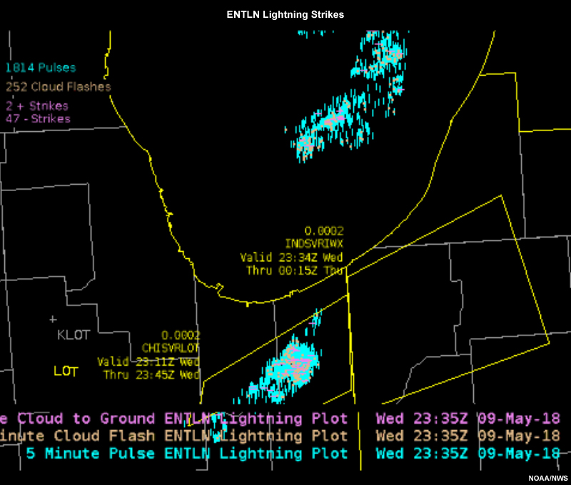ENTLN lightning strike data plotted over Chicago, IL and Gary, IN areas.