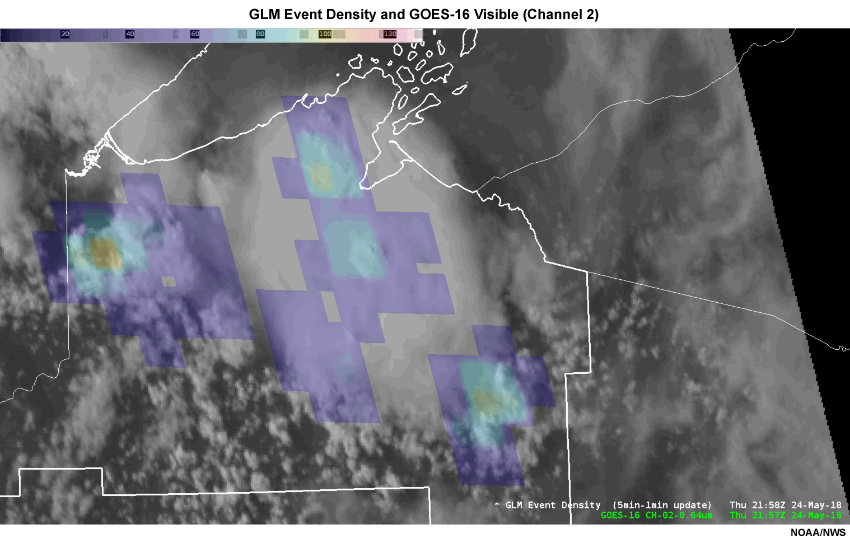 GLM event density plotted over visible satellite field, showing updrafts collocated with stronger lightning activity