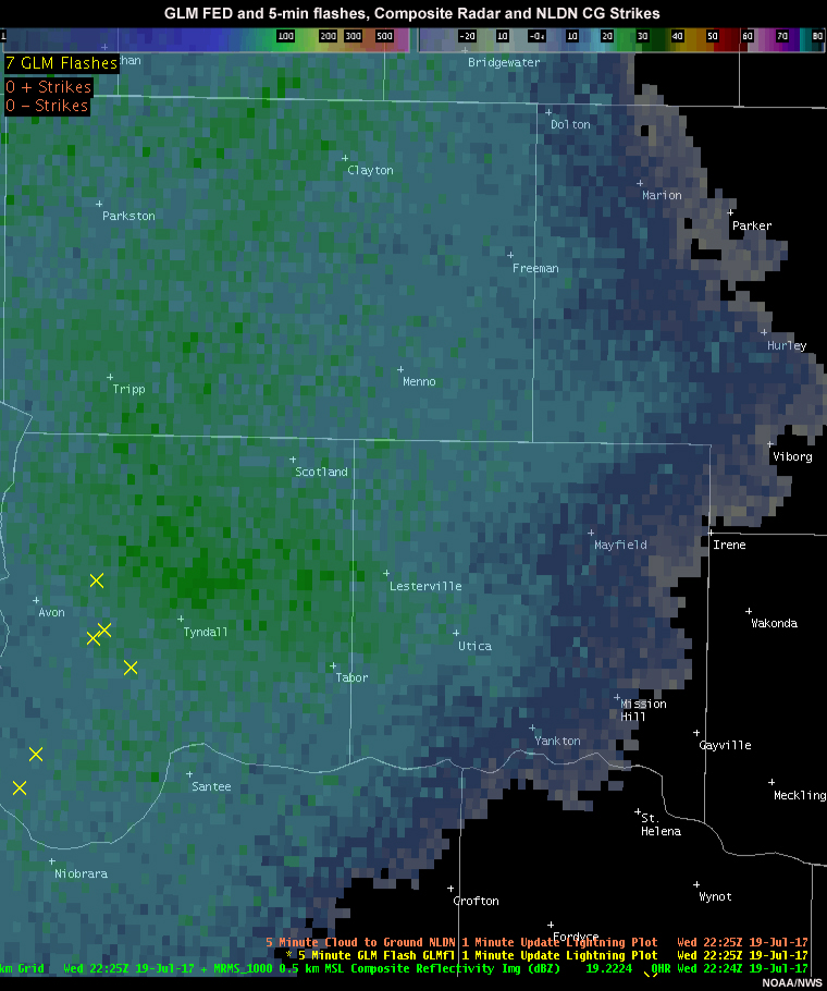 GLM flash extent density and flashes, NLDN lightning strikes and local composite radar of a large thunderstorm anvil