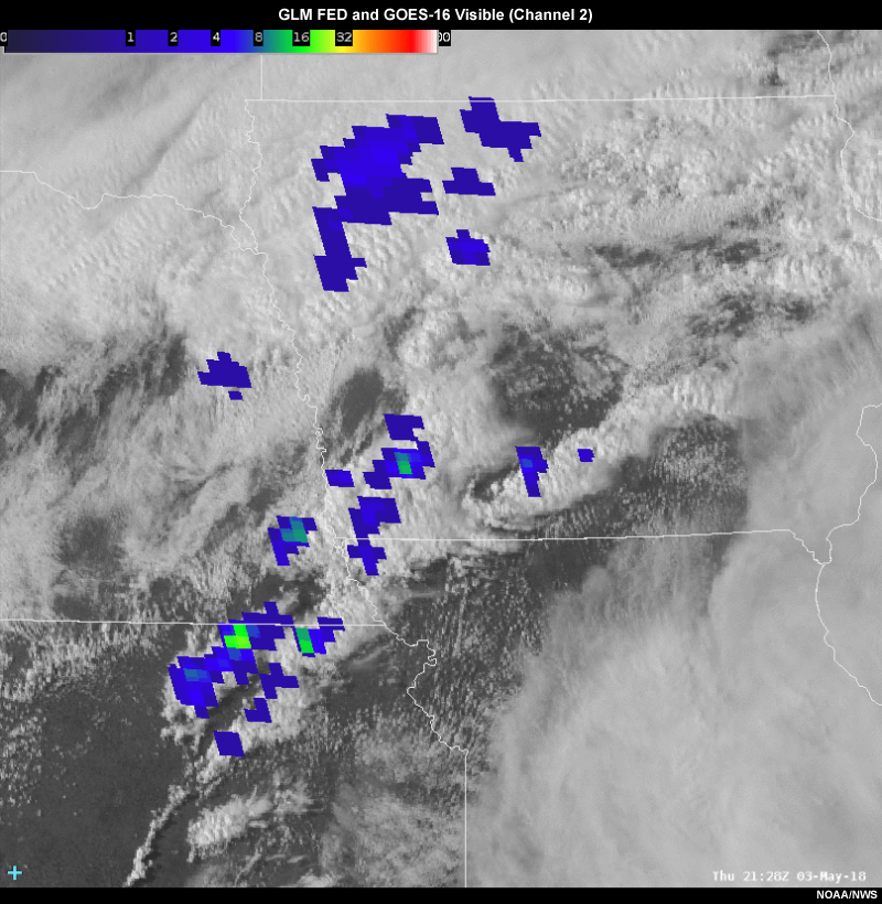GLM flash extent density plotted over visible satellite field.  The first half of the loop shows flash extent density calculated using a 1-minute average, while the latter half uses a 5-minute running average.