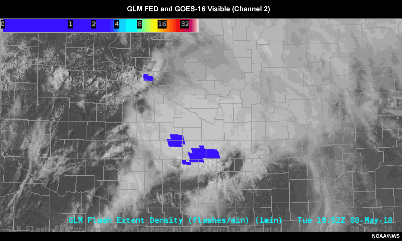 GLM flash extent density plotted over visible satellite field.  