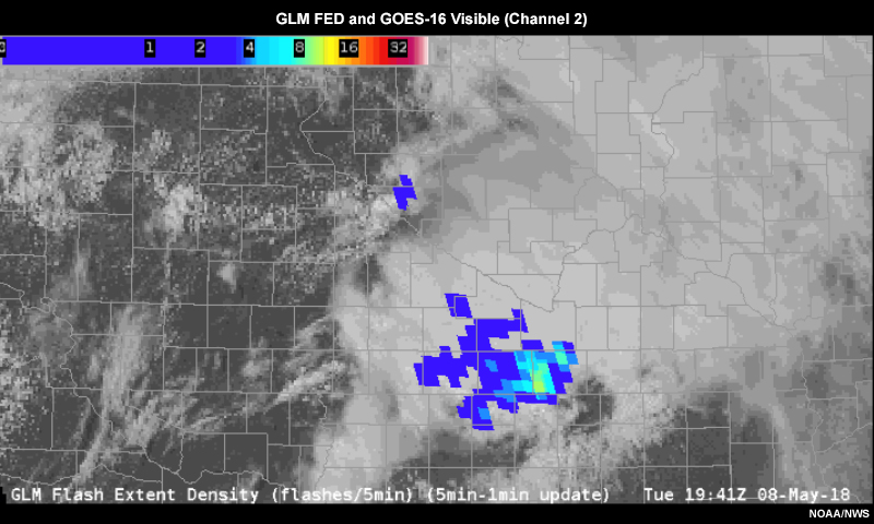 GLM flash extent density plotted over visible satellite field.  