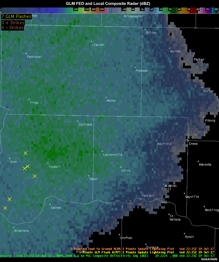 GLM flash extent density plotted over local composite radar imagery