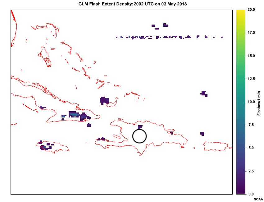 A loop of GLM flash extent density (every 5 minutes) across the Caribbean from 2006 UTC to 2046 UTC on May 03, 2018.