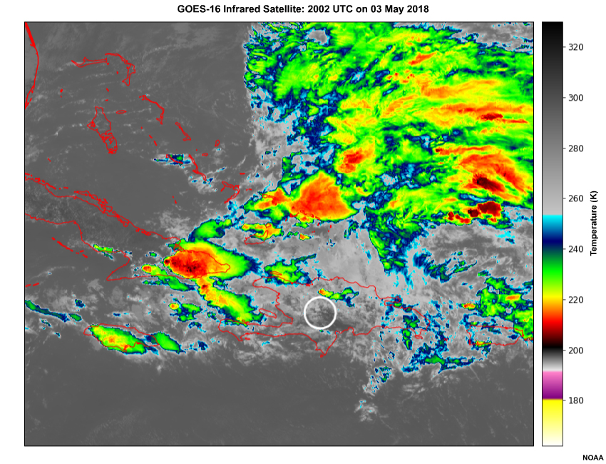 A loop of infrared satellite imagery (every 5 minutes) across the Caribbean from 2007 UTC to 2047 UTC on May 03, 2018.