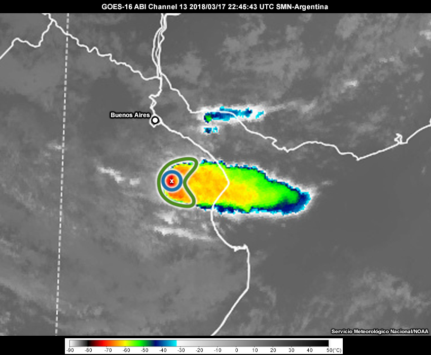 GOES-16 infrared satellite imagery at 2245 UTC on 17 March 2018 with features annotated.