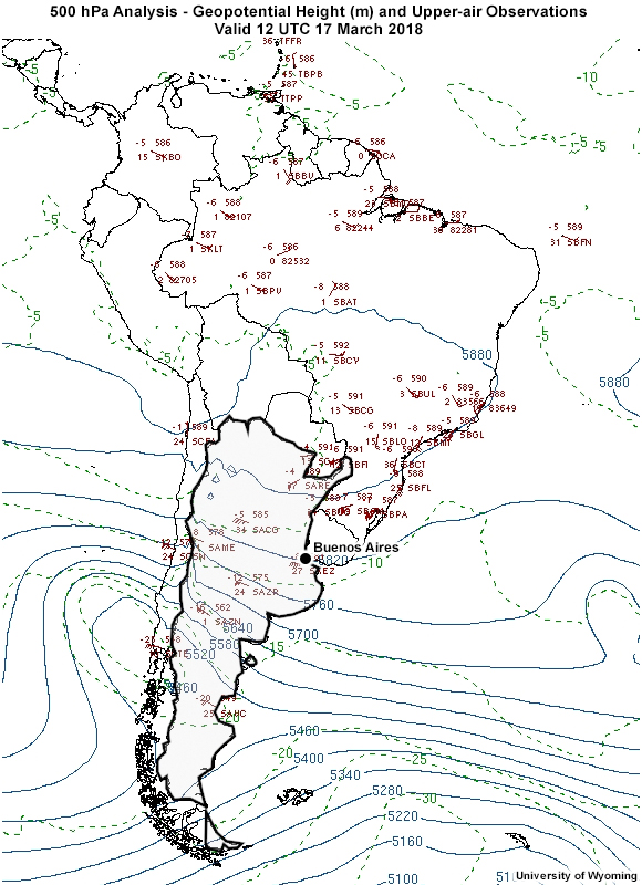 500 mb observations and analysis across South America valid 1200 UTC on 17 March 2018.