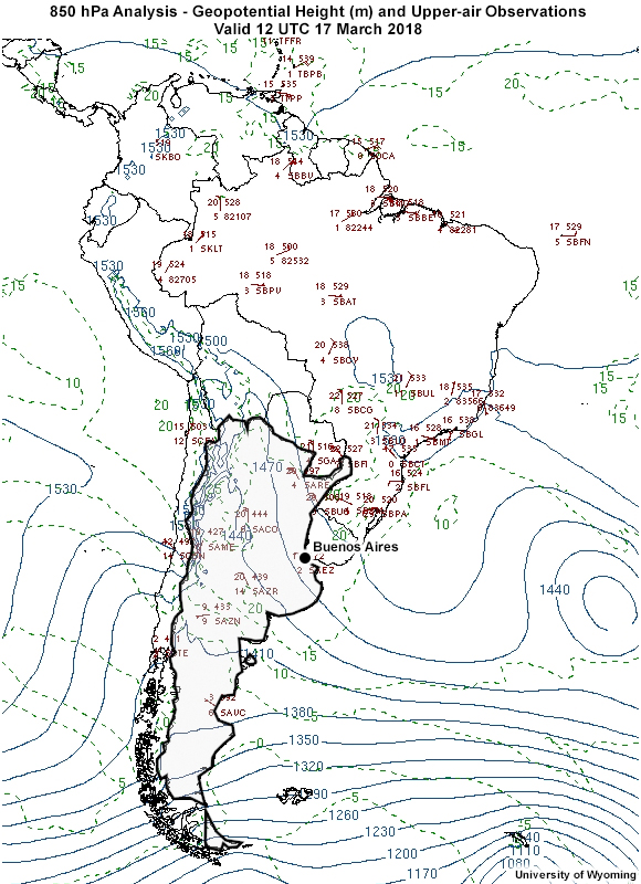 850 mb observations and analysis across South America valid 1200 UTC on 17 March 2018.