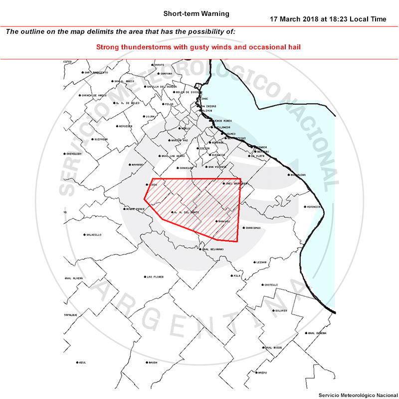 A weather warning issued by the Servicio Meteorológico Nacional at 1823 Local Time (2123 UTC) on 17 March 2018.