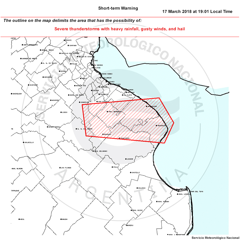 A weather warning issued by the Servicio Meteorológico Nacional at 1901 Local Time (2201 UTC) on 17 March 2018.
