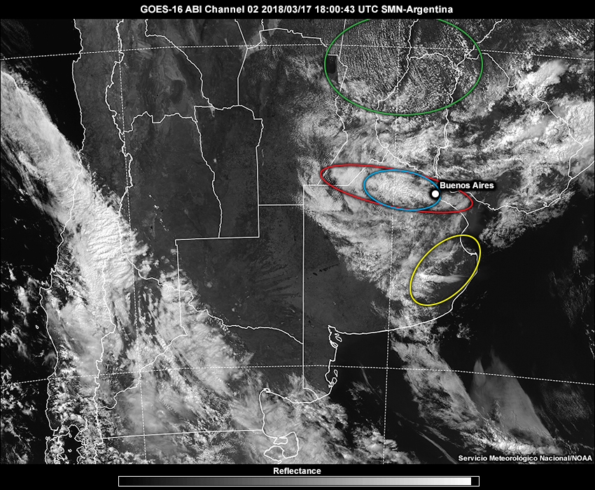 GOES-16 visible satellite imagery at 1800 UTC on 17 March 2018 with features annotated.