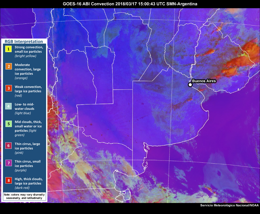 GOES-16 Day Convection RGB satellite imagery from 1500 UTC to 1900 UTC on 17 March 2018.