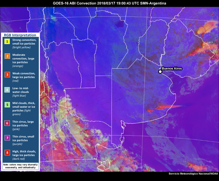 GOES-16 Day Convection RGB satellite imagery from 1900 UTC to 2345 UTC on 17 March 2018.