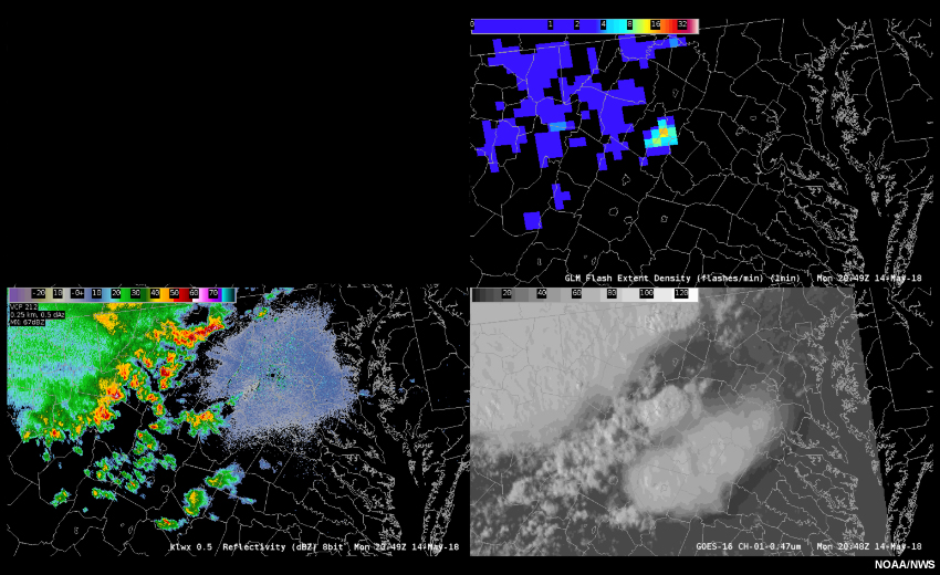 A loop of GLM flash density, radar reflectivity, and visible satellite imagery across Virginia and Maryland, USA from about 2100 Z to 2300 Z on May 14, 2018.