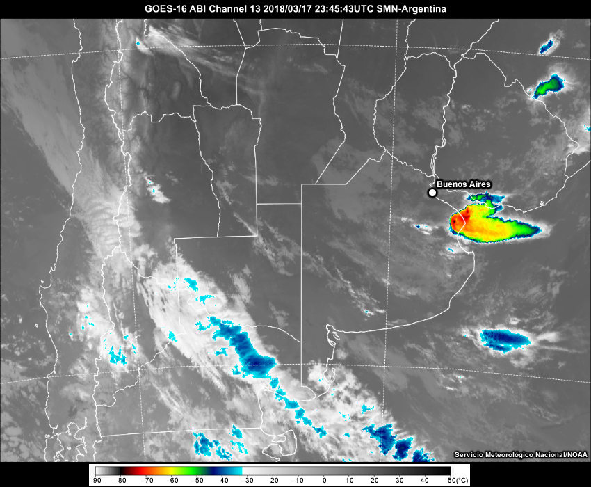 GOES-16 infrared satellite imagery from 2345 UTC 17 March to 0300 UTC 18 March 2018.