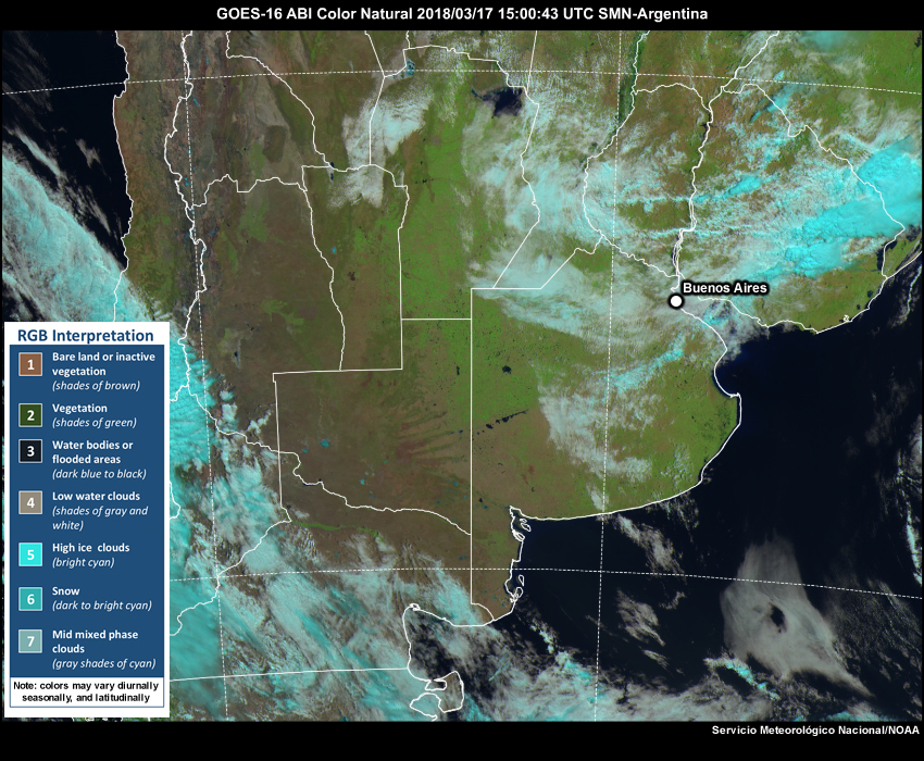 GOES-16 Natural Color RGB satellite imagery from 1500 UTC to 1900 UTC on 17 March 2018.