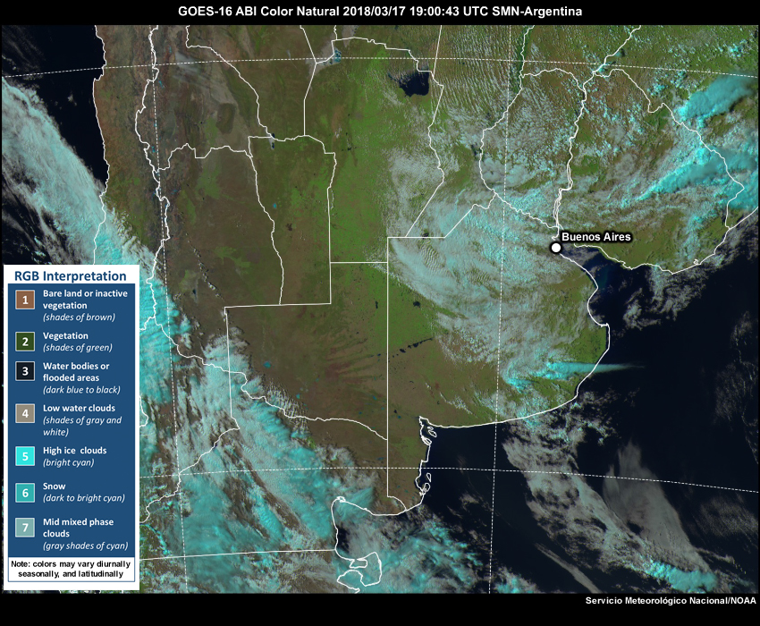 GOES-16 Natural Color RGB satellite imagery from 1900 UTC to 2345 UTC on 17 March 2018.