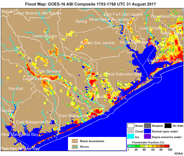 Flood Map: GOES-16 ABI Composite 1703-1758 UTC 31 August 2017