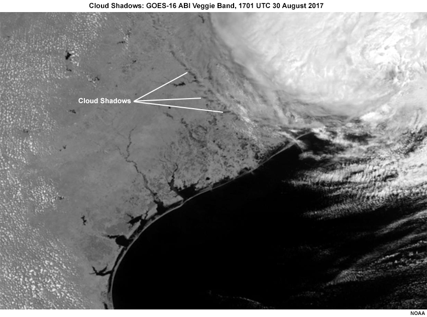  GOES 16 0.86𝞵 (band 3, the “veggie” band) on 30 August 2017 with Cloud shadows