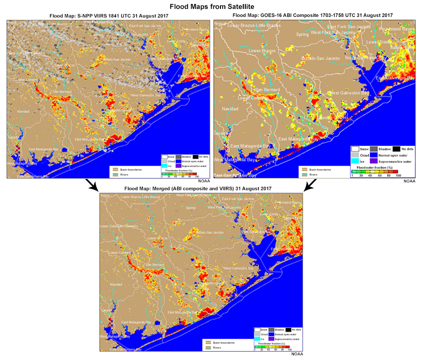 Flood maps from Satellite ABI, VIIRS and Merged maps