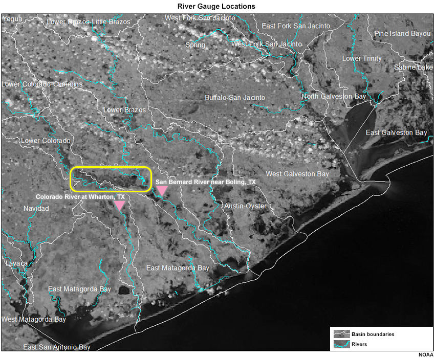 River Gauge locations on S-NPP VIIRS “Veggie” Band, 1841 UTC 31 August 2017