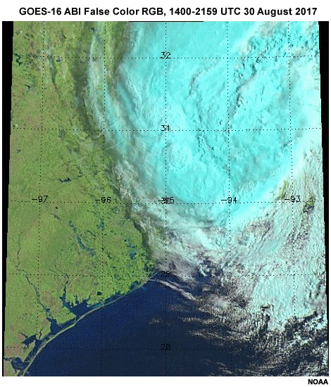  GOES-16 ABI False Color RGB at 1400-2159 UTC 30 August 2017