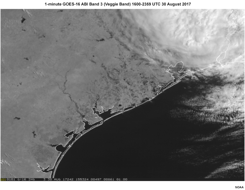  GOES 16 animation of the 0.86𝞵 (band 3, the “veggie” band) on 30 August 2017