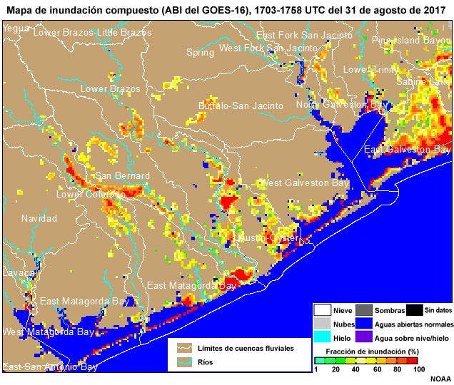 Mapa de inundación compuesto del ABI del GOES-16, de 1703 a 1758 UTC del 31 de agosto de 2017