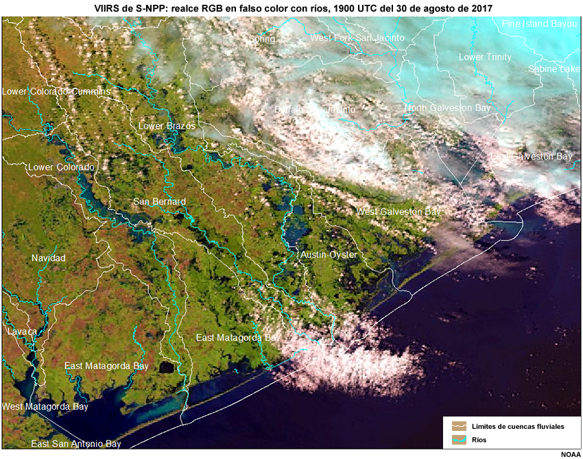 Mapa de inundación VIIRS en falso color para el 30 de agosto de 2017