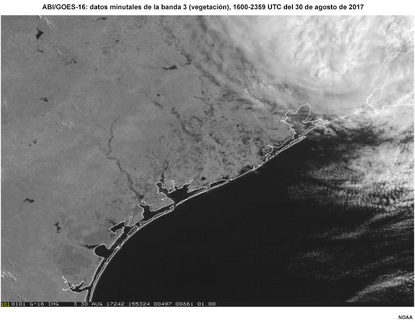 Animación de la banda de 0,86 𝞵m (banda 3, vegetación) del GOES-16 el 30 de agosto de 2017