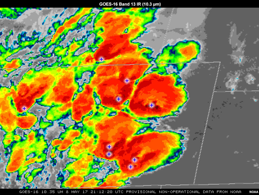 IR image showing blue plus signs annotated directly on top of overshoting temperature minimums
