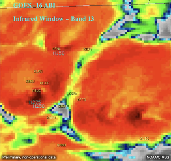 GOES-16 IR (10.3µm) and parallax-corrected hail reports at approximately 2100Z May 8, 2017