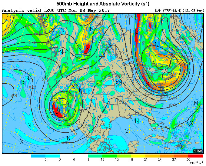 NAM 500mb Geopotential Heights and Absolute Vorticity